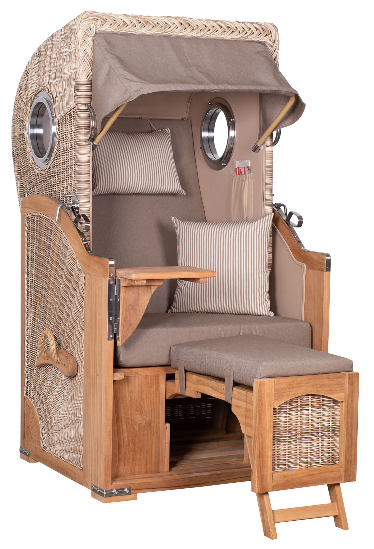 Strandkorb Rantum Single Bullauge Teak PE shell Dessin 534 Beige